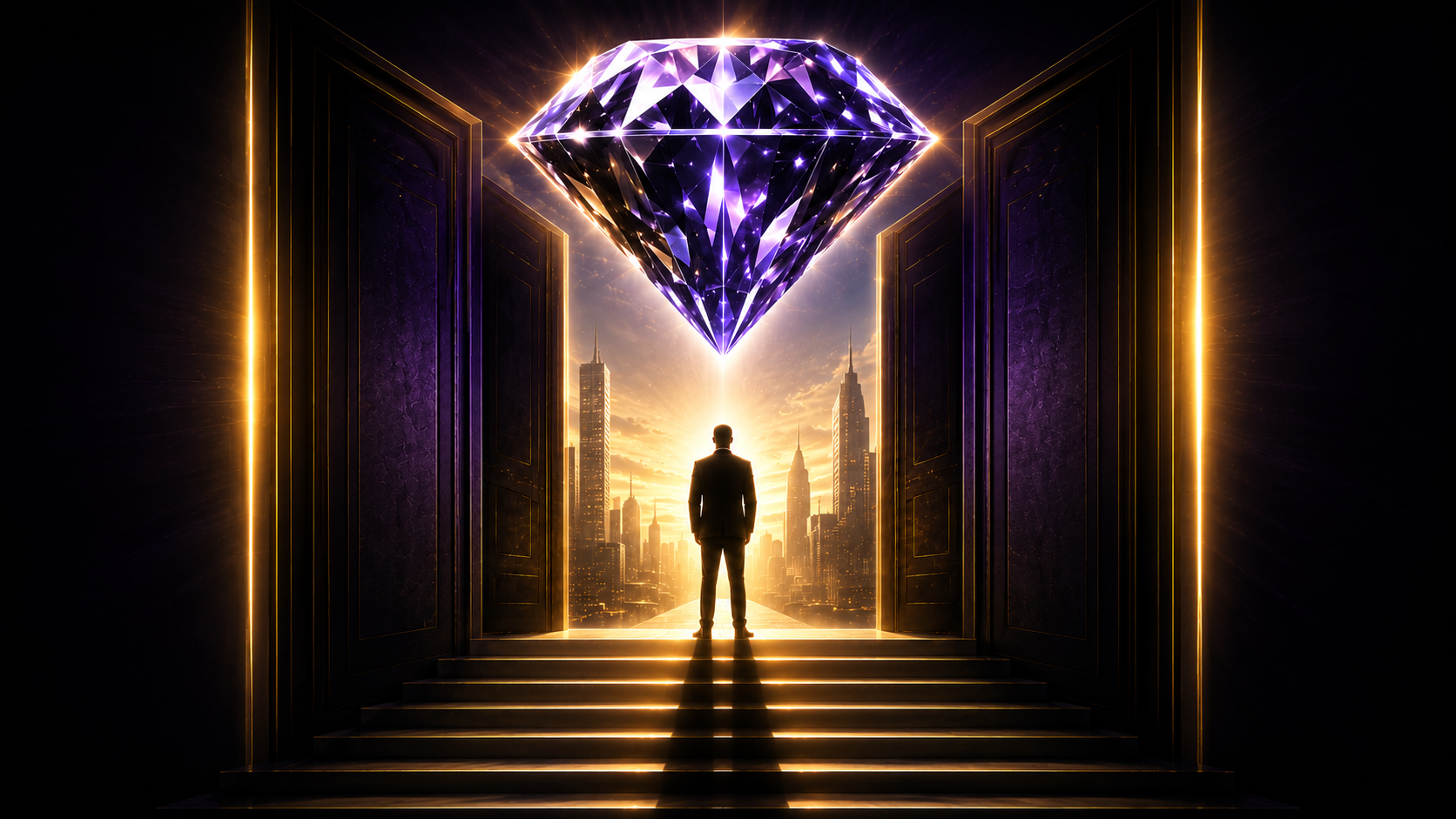 A leader stepping through the Diamond doorway toward a new skyline